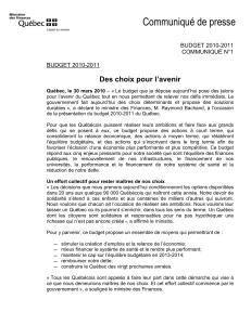 Communiqué de presse Des choix pour l’avenir BUDGET 2010-2011 COMMUNIQUÉ N°1