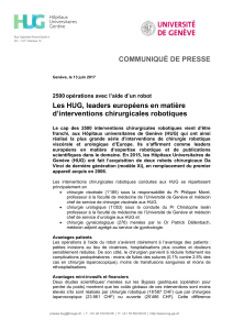 Les HUG, leaders européens en matière d’interventions chirurgicales robotiques COMMUNIQUÉ DE PRESSE