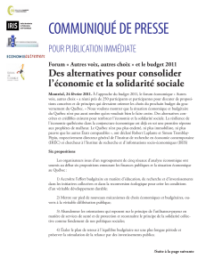 COMMUNIQUÉ DE PRESSE POUR PUBLICATION IMMÉDIATE Des alternatives pour consolider