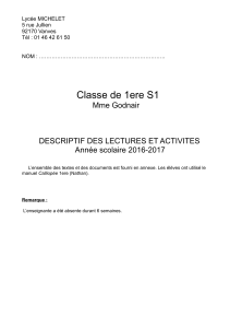 Classe de 1ere S1 Mme Godnair DESCRIPTIF DES LECTURES ET ACTIVITES