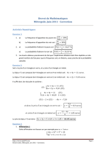 Brevet de Mathématiques Métropole, Juin 2011 - Correction Activités Numériques