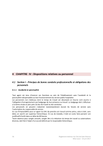 4  CHAPITRE  IV : Dispositions relatives au personnel  Section I ‐ Principes de bonne conduite professionnelle et obligations des  4.1