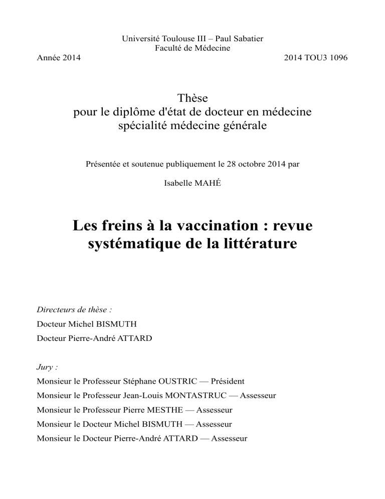 Thèse pour le diplôme d'état de docteur en médecine spécialité médecine