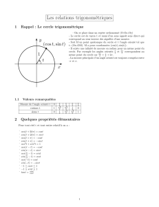 Les relations trigonométriques 1 Rappel : Le cercle trigonométrique