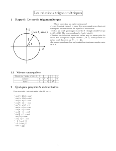 Les relations trigonométriques 1 Rappel : Le cercle trigonométrique