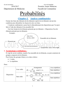 Probabilités Chapitre I.  Analyse combinatoire Département de Médecine Faculté de Constantine