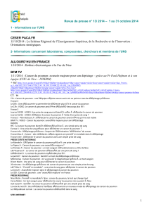 Revue de presse n°13 - 1 au 31 octobre 2014 Revue de presse de l'Université Nice Sophia Antipolis du 1er au 31 octobre 2014 Télécharger 07-11-2014   408.5 KB