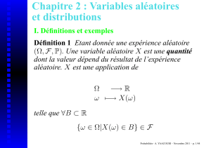 Chapitre 2 : Variables aléatoires et distributions I. Définitions et exemples Définition 1