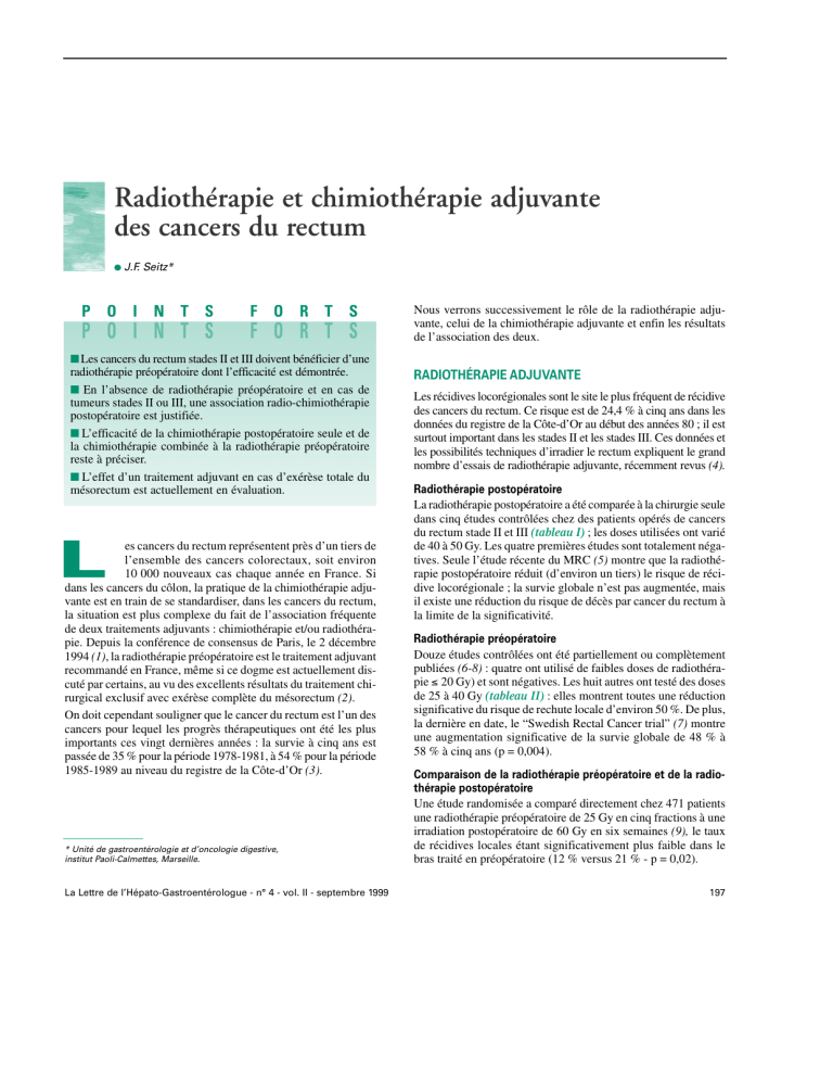 Radiothérapie Et Chimiothérapie Adjuvante Des Cancers Du Rectum