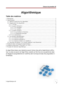 Algorithmique Table des matières