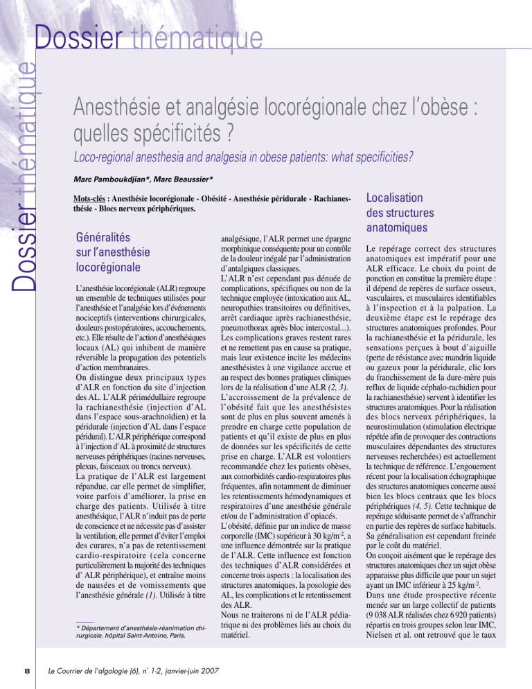 Dossier Thématique Anesthésie Et Analgésie Locorégionale Chez L’obèse