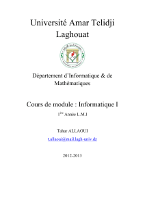 Université Amar Telidji Laghouat  Cours de module : Informatique I