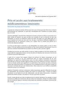 Prix et accès aux traitements médicamenteux innovants Déclaration du groupe des Entreprises