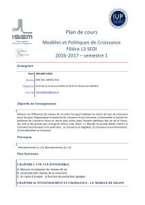 Plan de cours Modèles et Politiques de Croissance  2016-2017 – semestre 1