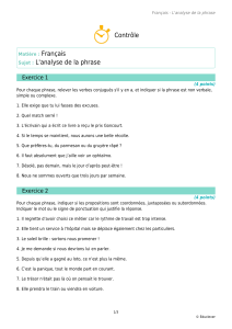 Contrôle Français L'analyse de la phrase Exercice 1