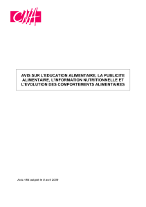 AVIS SUR L'EDUCATION ALIMENTAIRE, LA PUBLICITE ALIMENTAIRE, L'INFORMATION NUTRITIONNELLE ET