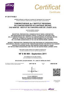 Certificat Certificate TUMOROTHEQUE de L'INSTITUT REGIONAL DU CANCER NANTES-ATLANTIQUE (IRCNA)