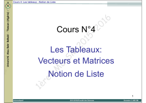 1ère LMD SM 2015~2016 Cours N°4 Les Tableaux: Vecteurs et Matrices