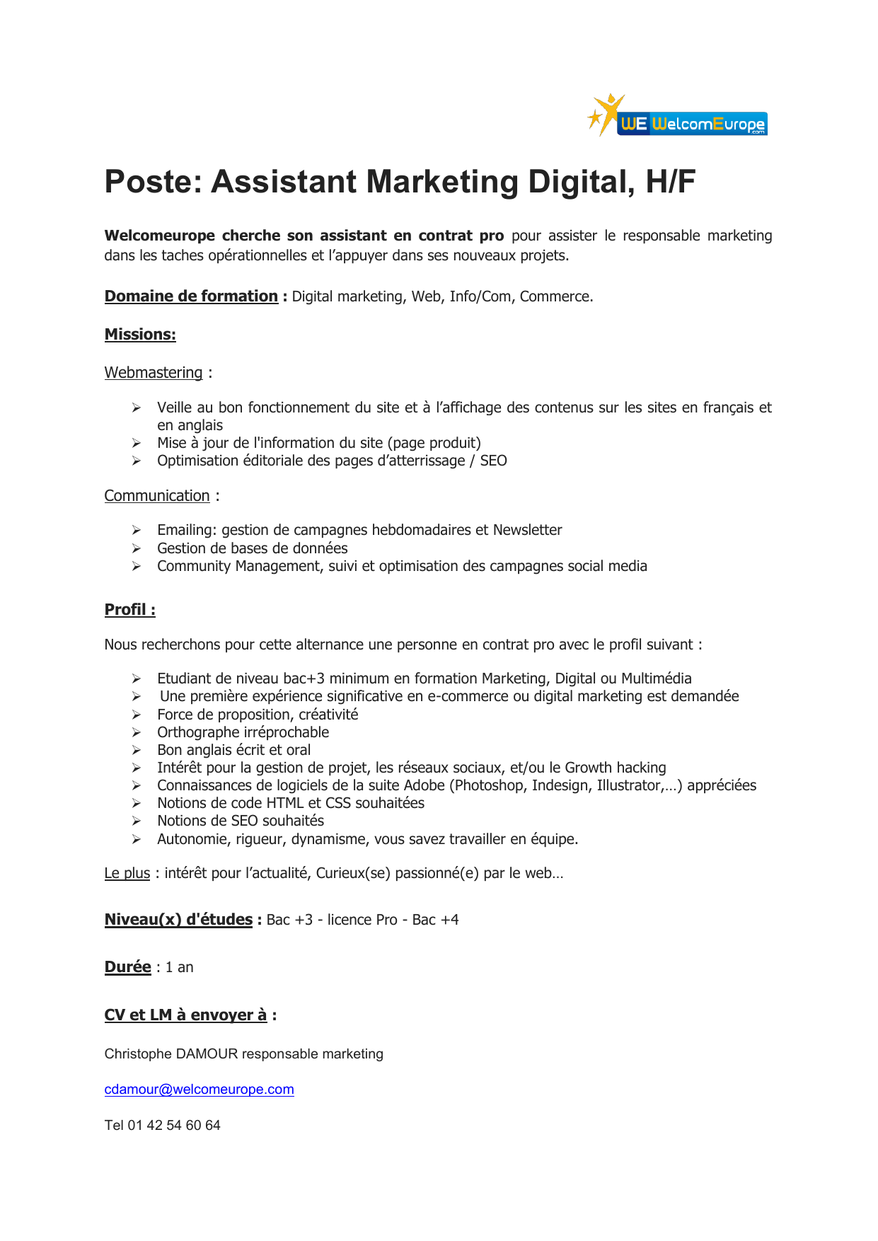 Poste Assistant Marketing Digital H F Domaine De Formation Missions