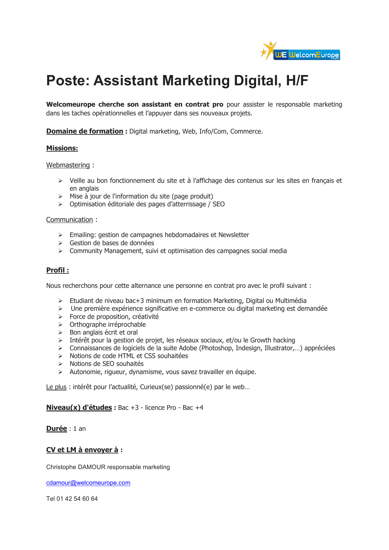 Fiche De Poste Assistant Manager