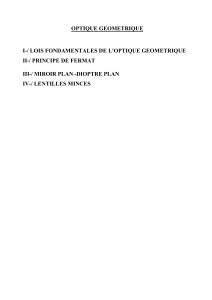 OPTIQUE GEOMETRIQUE  I-/ LOIS FONDAMENTALES DE L'OPTIQUE GEOMETRIQUE II-/ PRINCIPE DE FERMAT