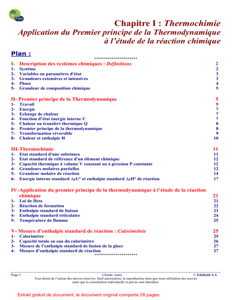 Thermochimie. Application Du Premier Principe De La