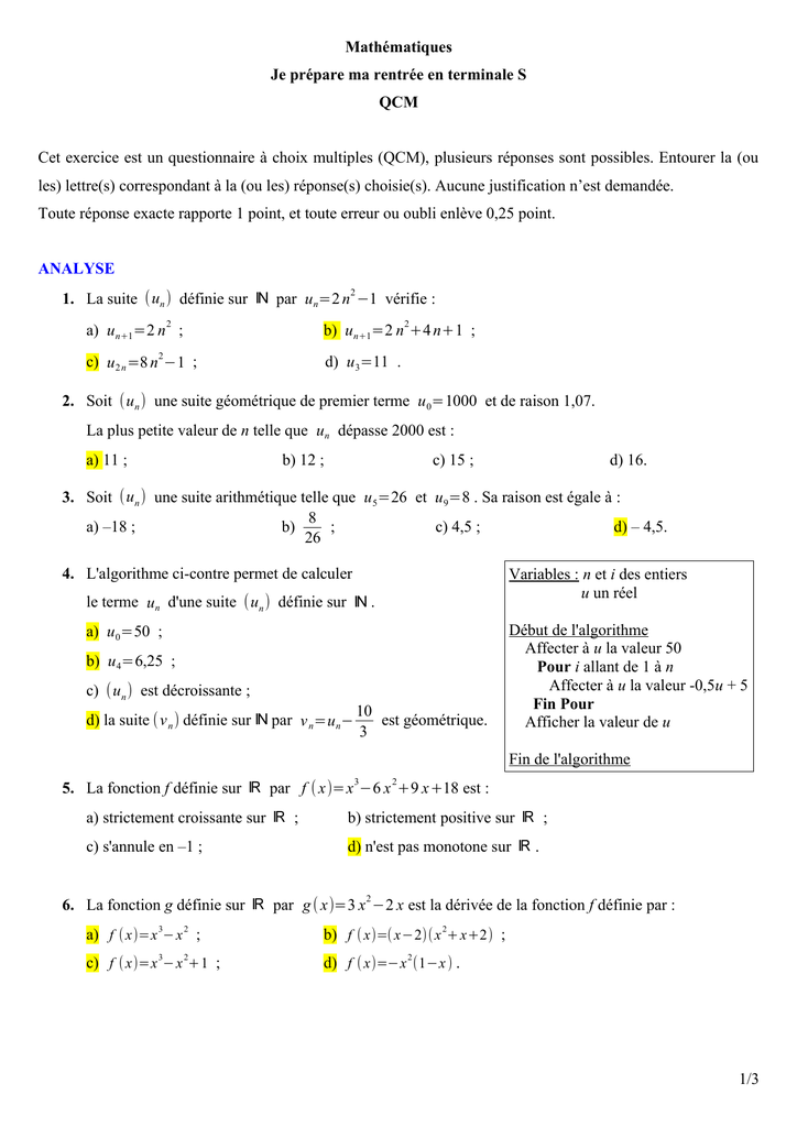 Mathematiques Je Prepare Ma Rentree En Terminale S Qcm Cet