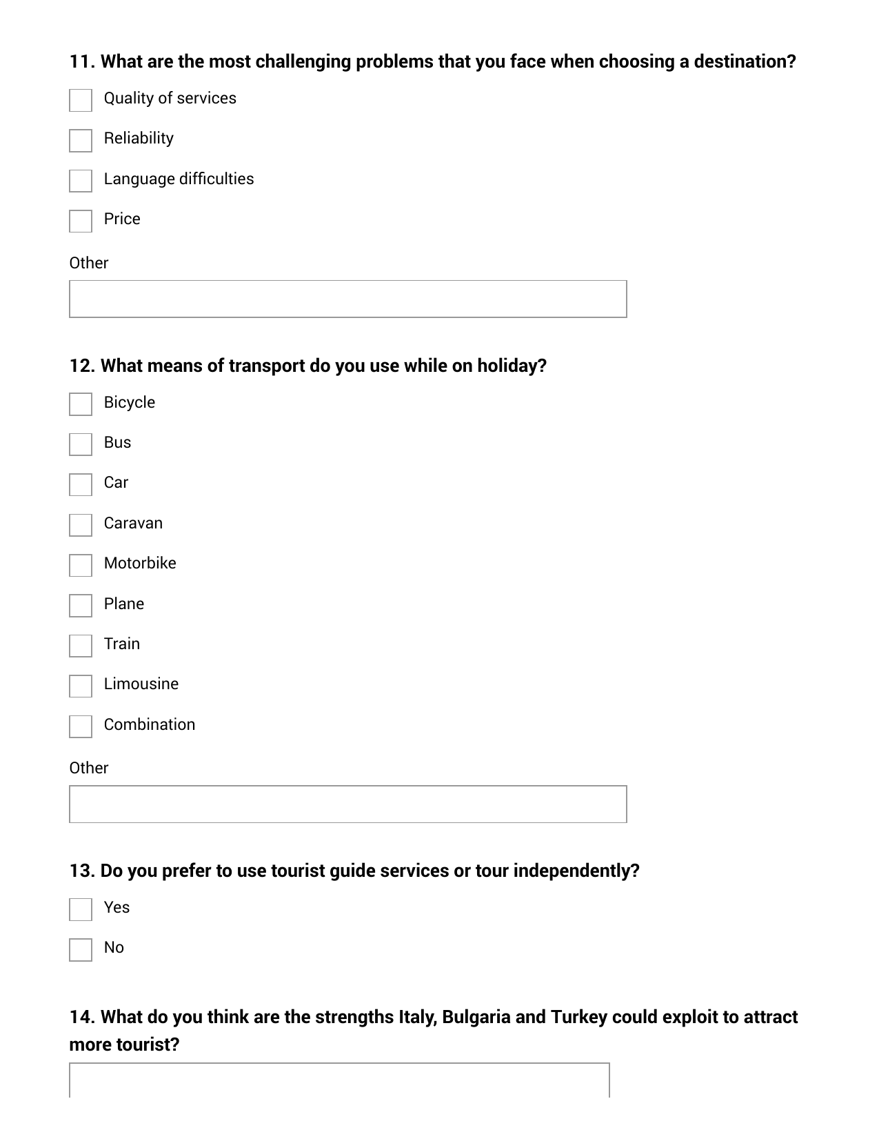 tourism related questionnaire
