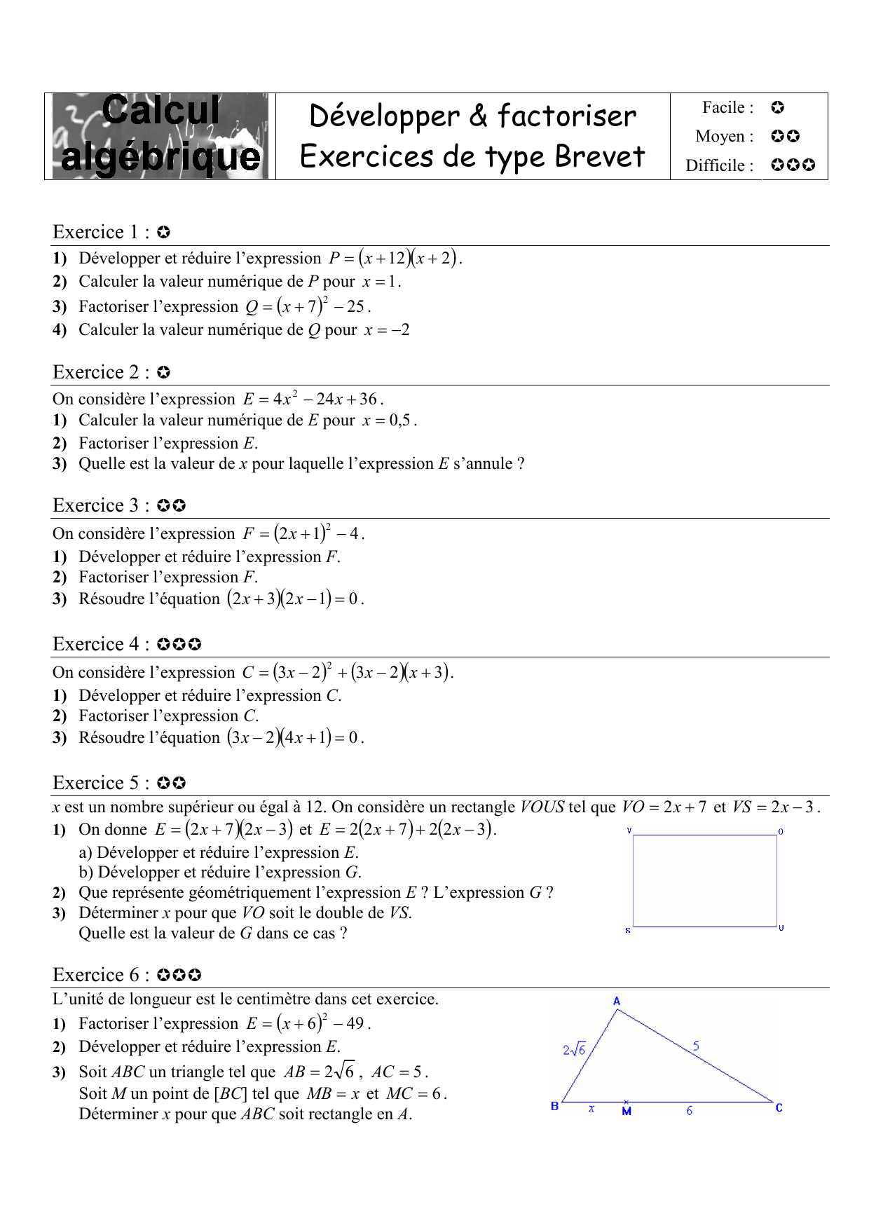 Calg Developper Et Factoriser Exercices De Type Brevet