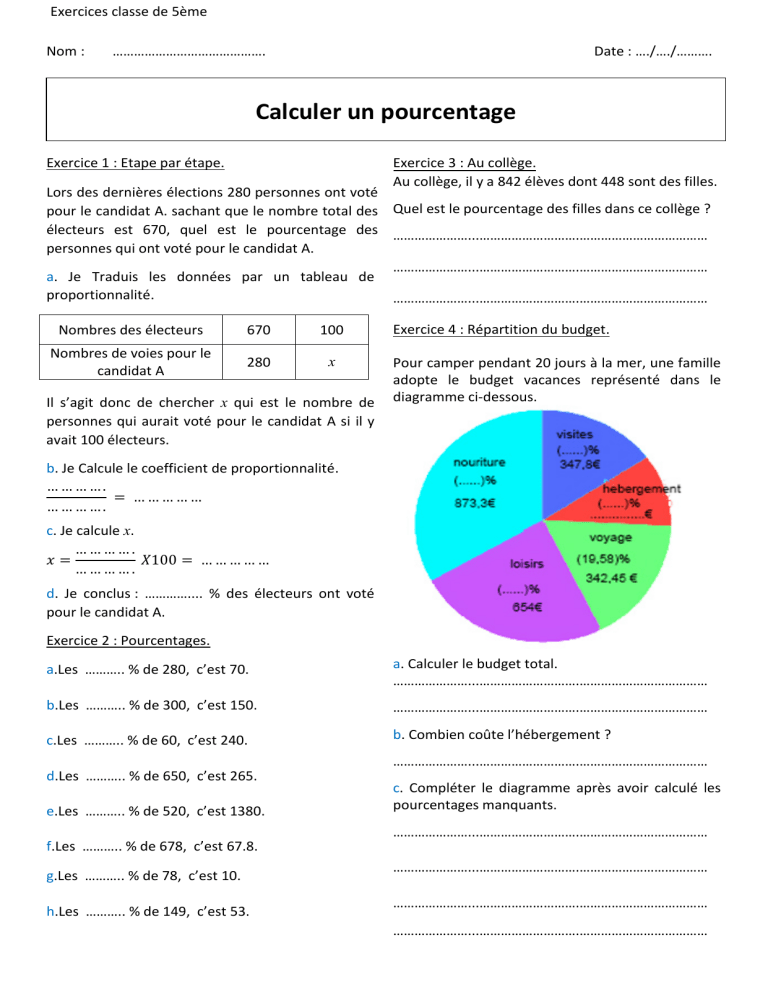 Calcule les pourcentages 5 me Exercices
