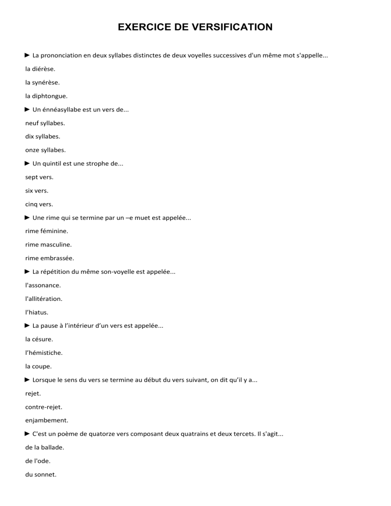 Exercices De Versification Exercices De Versification