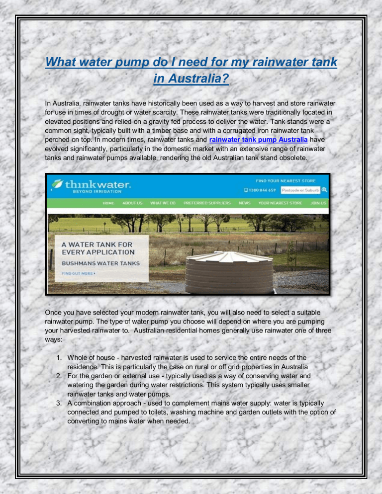 What water pump do I need for my rainwater tank in Australia
