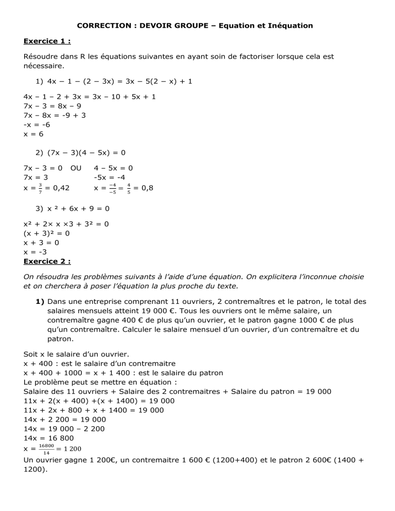 Correction DEVOIR GROUPE equa inequ 2nd Bac Pro
