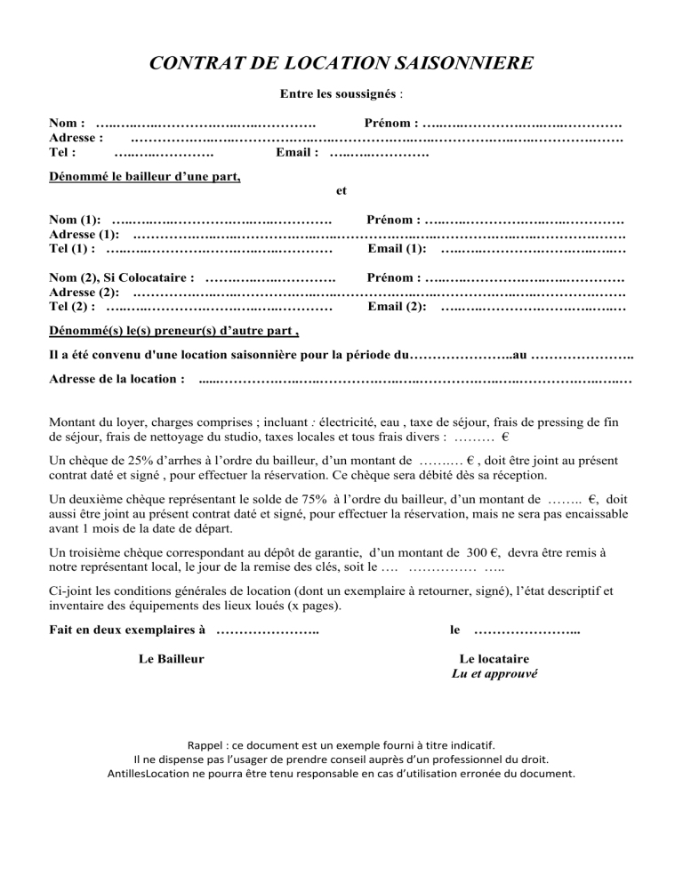Contrat de location saisonniere Contrat de location saisonniere