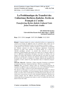 K. AIT MEZIANE, La Problématique du Transfert des Culturèmes Berbères-Kabyles- Ecrits en Français à L’arabe Transferring Berber-Kabyle Cultural Units from French into Arabic