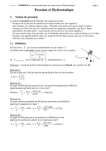 Pression et Hydrostatique : Cours de Physique Corrigé