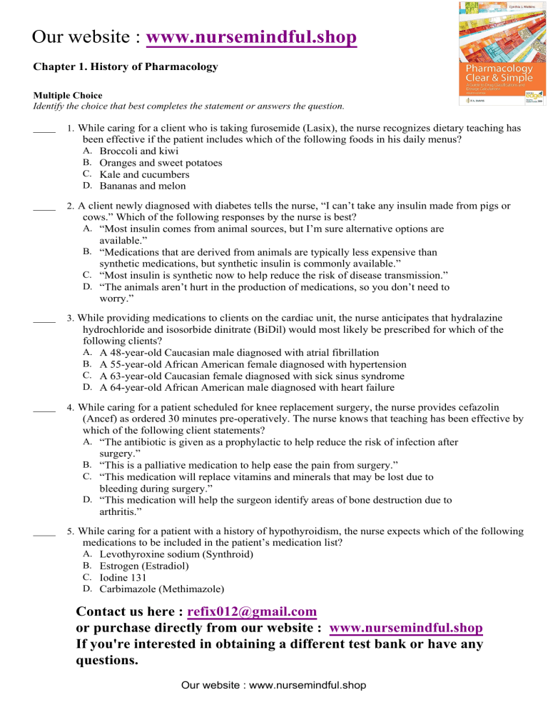Test Bank Pharmacology Clear And Simple A Guide To Drug Classifications ...