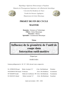 Influence de la géométrie de l'outil de coupe dans interaction outil matière (memoire)