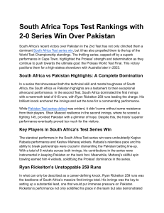 South Africa Tops Test Rankings with 2-0 Series Win Over Pakistan