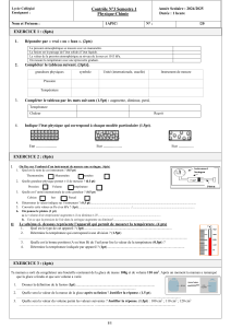 Contrôle Physique-Chimie 1APIC : Pression, Température