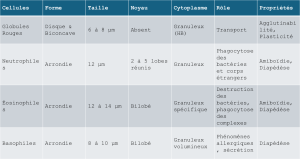 Tableau comparatif des cellules sanguines : Forme, rôle et propriétés