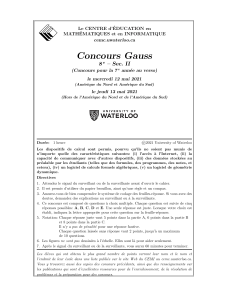 Concours Gauss 8e ann&eacute;e : Math&eacute;matiques, Universit&eacute; de Waterloo