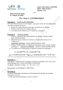 TD Atomistique: Modèles de Rutherford et Bohr, Spectre de l'Hydrogène