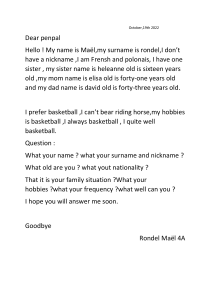Penpal Letter: Introduction and Questions