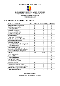 Relevé de notes Agroécologie - Université de Kinshasa 2019-2020