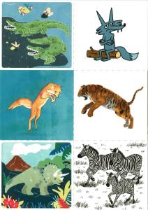 Illustration d'animaux : Crocodiles, Loup, Renard, Tigre, Zèbres