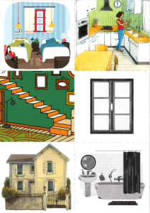 Illustrations de maison : chambre, cuisine, escalier, salle de bain