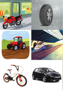 Illustration de moyens de transport : moto, train, voiture...