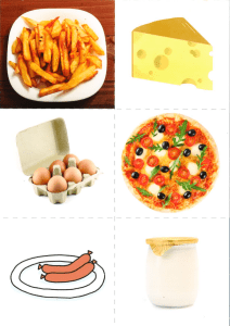 Image d'aliments variés : frites, fromage, pizza, œufs