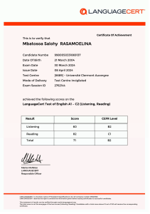 LanguageCert English Test Certificate - Mbatosoa Salohy